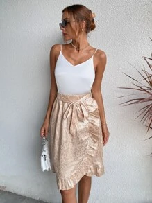 SHEIN Privé Floral Jacquard Ruffle Trim Belted Wrap Skirt - Apricot - View 3