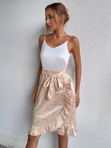 SHEIN Privé Floral Jacquard Ruffle Trim Belted Wrap Skirt - Apricot - View 6
