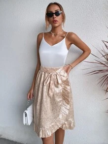 SHEIN Privé Floral Jacquard Ruffle Trim Belted Wrap Skirt - Apricot - View 4