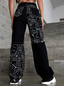 SHEIN EZwear Quần jean Nút Túi Hem thô Dây kéo Hoạt hình - màu đen - Xem 2