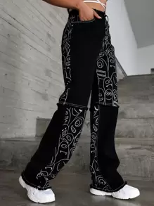 SHEIN EZwear Quần jean Nút Túi Hem thô Dây kéo Hoạt hình - màu đen - Xem 3