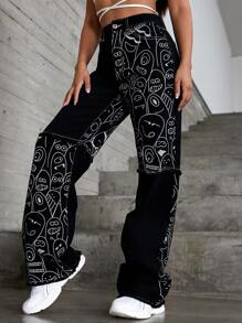 SHEIN EZwear Quần jean Nút Túi Hem thô Dây kéo Hoạt hình - màu đen - Xem 5