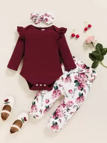 Baby Ruffle Trim 1 Bodysuit & Floral 1 Pants & 1 Headband - Red and White - View 1