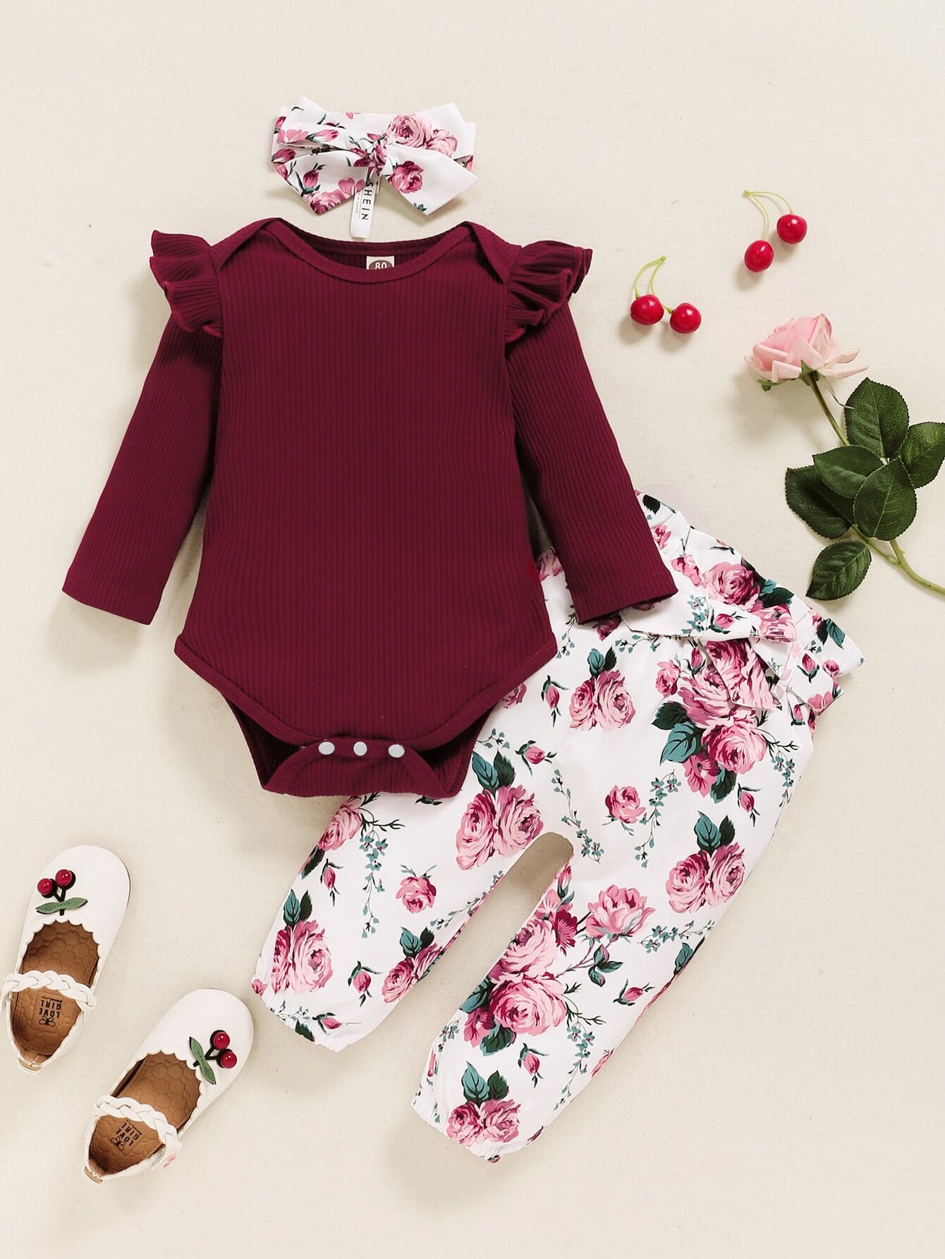 Baby Ruffle Trim 1 Bodysuit & Floral 1 Pants & 1 Headband - Red and White - View 1