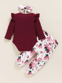 Baby Ruffle Trim 1 Bodysuit & Floral 1 Pants & 1 Headband - Red and White - View 2
