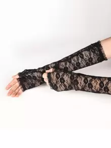 1 par de guantes largos de encaje de medio dedo, estilo Y2k, transpirables y versátiles, adecuados para moda al aire libre y de calle - Negro - Ver 1