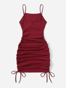 SHEIN EZwear 抽繩側羅紋針織連衣裙 - 酒紅色 - 查看 2