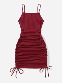 SHEIN EZwear 抽繩側羅紋針織連衣裙 - 酒紅色 - 查看 3
