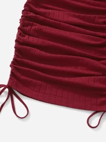 SHEIN EZwear 抽繩側羅紋針織連衣裙 - 酒紅色 - 查看 4