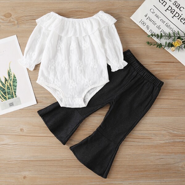

Baby Girl Ruffle Trim Bodysuit & Flare Leg Pants, Black and white