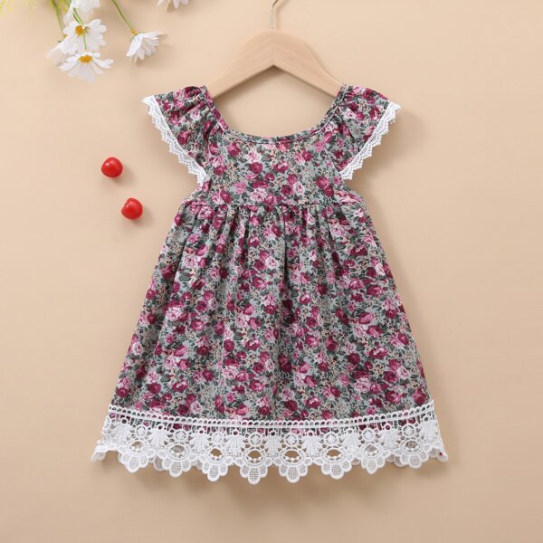 

Baby Floral Print Contrast Guipure Lace Dress, Multicolor