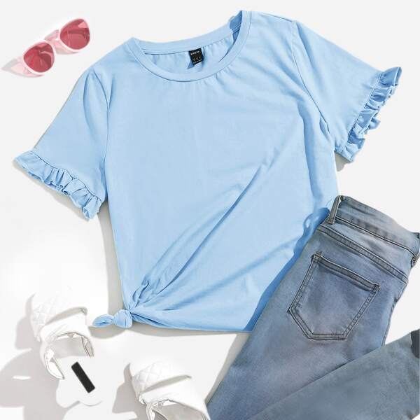 

Ruffle Cuff Solid Top, Baby blue