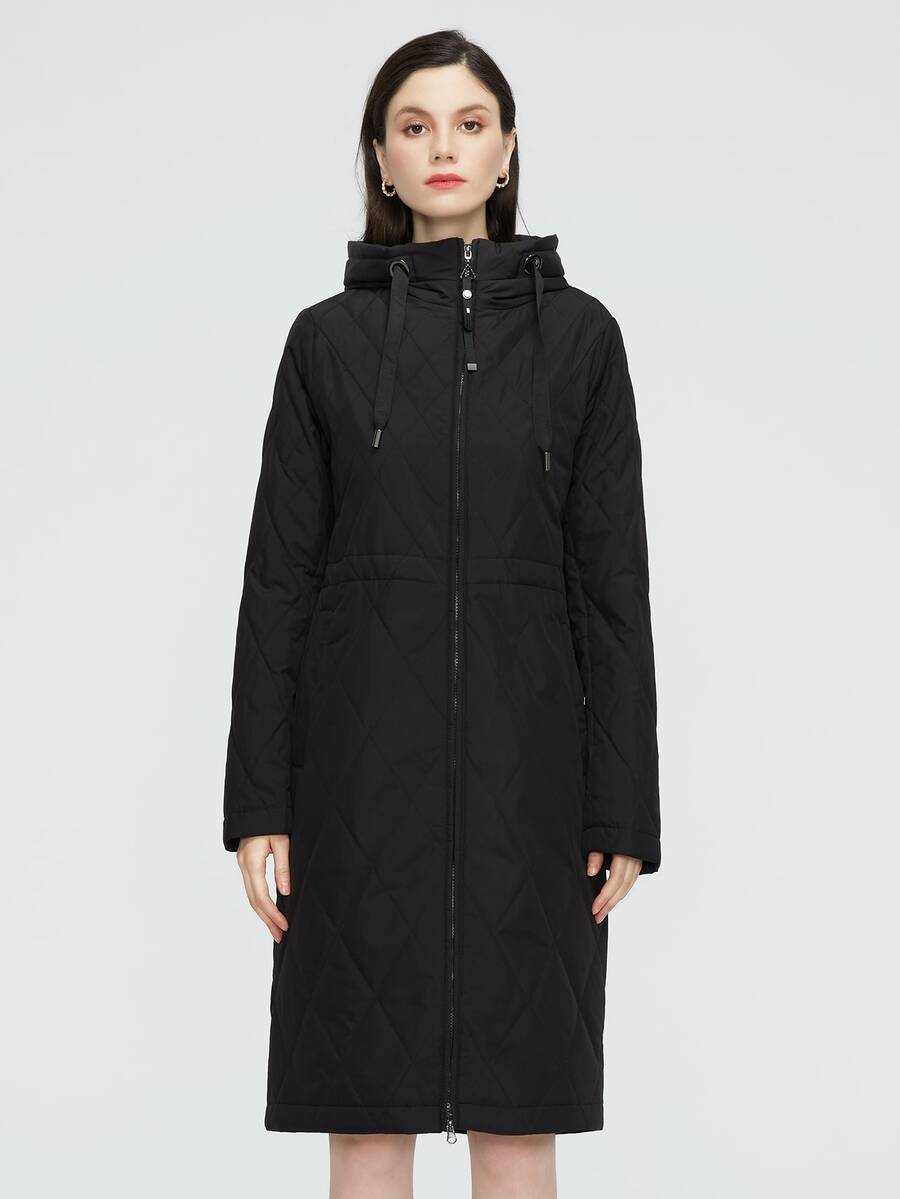 Zip Up Drawstring Hooded Padded Coat - Black - View 1