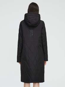 Zip Up Drawstring Hooded Padded Coat - Black - View 2