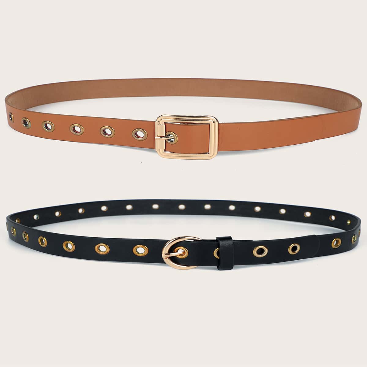 

2pcs Eyelet Decor Buckle Belt, Black