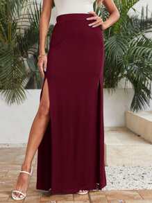 SHEIN VCAY Split Thigh Maxi Skirt - Burgundy - View 1