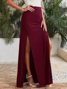 SHEIN VCAY Split Thigh Maxi Skirt - Burgundy - View 3