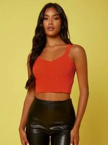 SHEIN Unity Knit ngọn màu trơn Giải trí - Màu Cam cháy - Xem 5