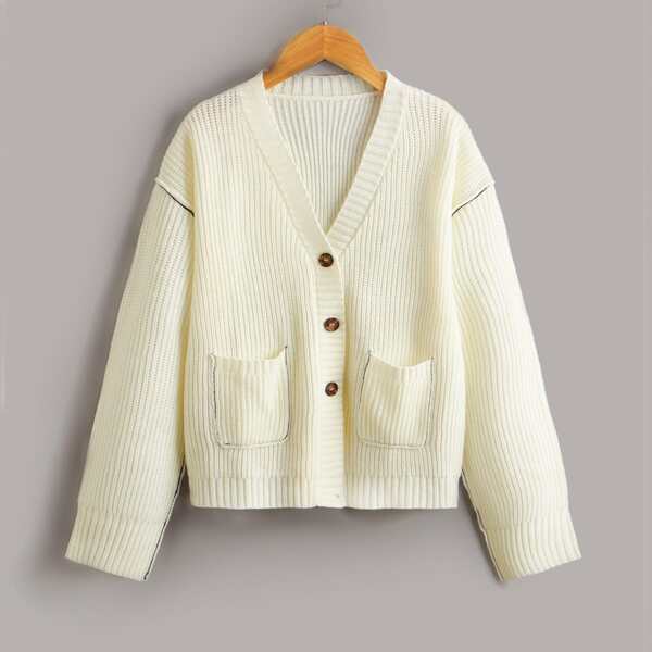 

Girls Solid Button Up Dual Pockets V Neck Cardigan, Beige
