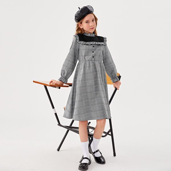 

Girls Plaid Frill Trim Flounce Sleeve A-line Dress, Multicolor