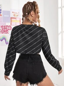 SHEIN Unity Diagonal Striped And Letter Graphic Sweatshirt - Black - View 2