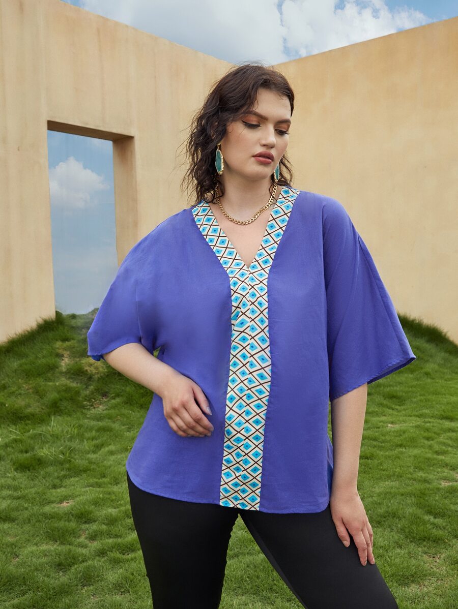 大碼幾何印花蝙蝠袖襯衫 - 藍色 - 查看 1