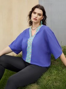 大碼幾何印花蝙蝠袖襯衫 - 藍色 - 查看 3