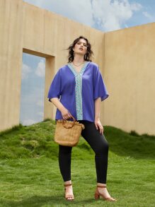 大碼幾何印花蝙蝠袖襯衫 - 藍色 - 查看 4