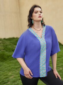 大碼幾何印花蝙蝠袖襯衫 - 藍色 - 查看 5