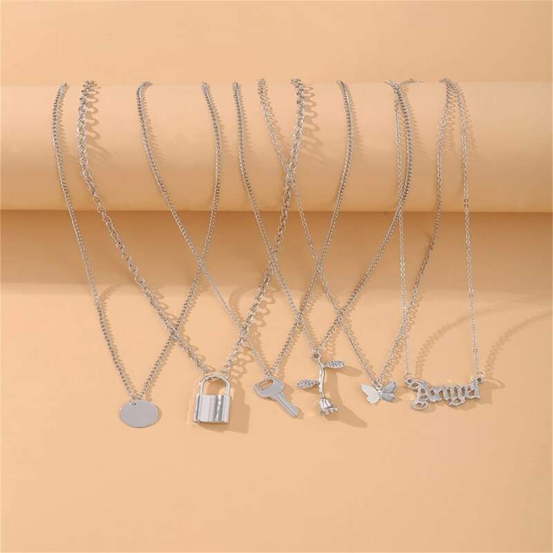 

6pcs Letter & Flower Pendant Necklace, Silver