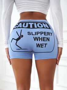 SHEIN SXY Slogan Graphic Biker Shorts - Baby Blue - View 1
