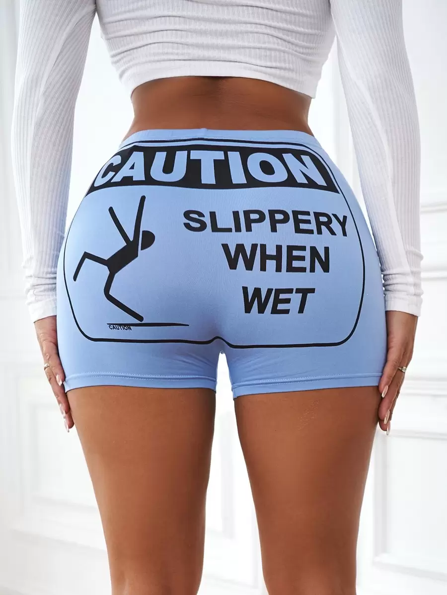 SHEIN SXY Slogan Graphic Biker Shorts - Baby Blue - View 1