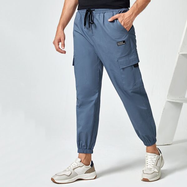 

Men Patch Detail Drawstring Waist Cargo Pants, Dusty blue
