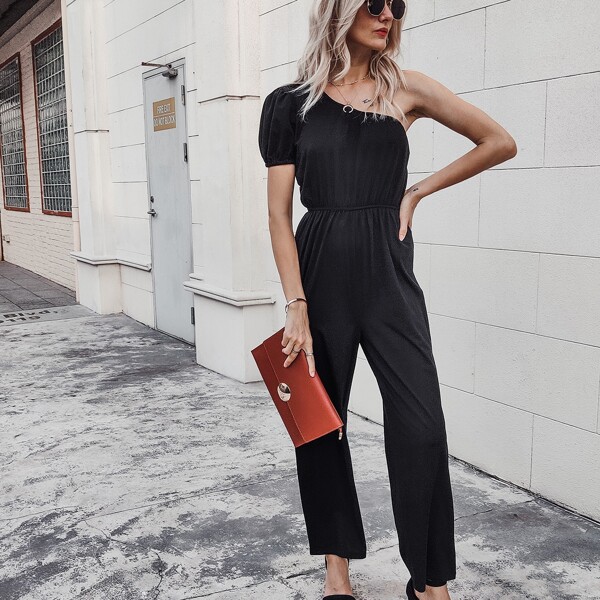 

One Shoulder Puff Sleeve Solid Jumpsuit, Black