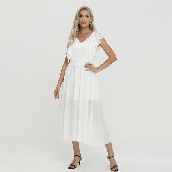 

Layered Ruffle Trim Shirred Waist Dress, White