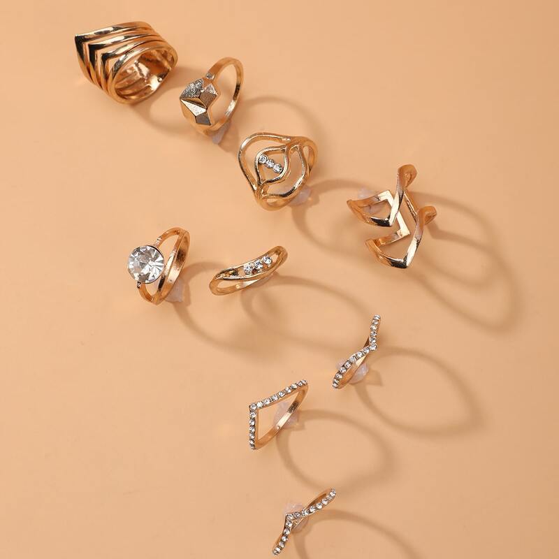 

9pcs Rhinestone Decor Ring, Gold