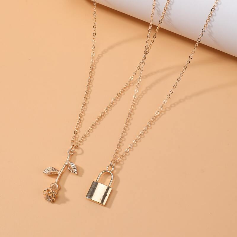 

2pcs Floral Pendant Chain Necklace, Gold