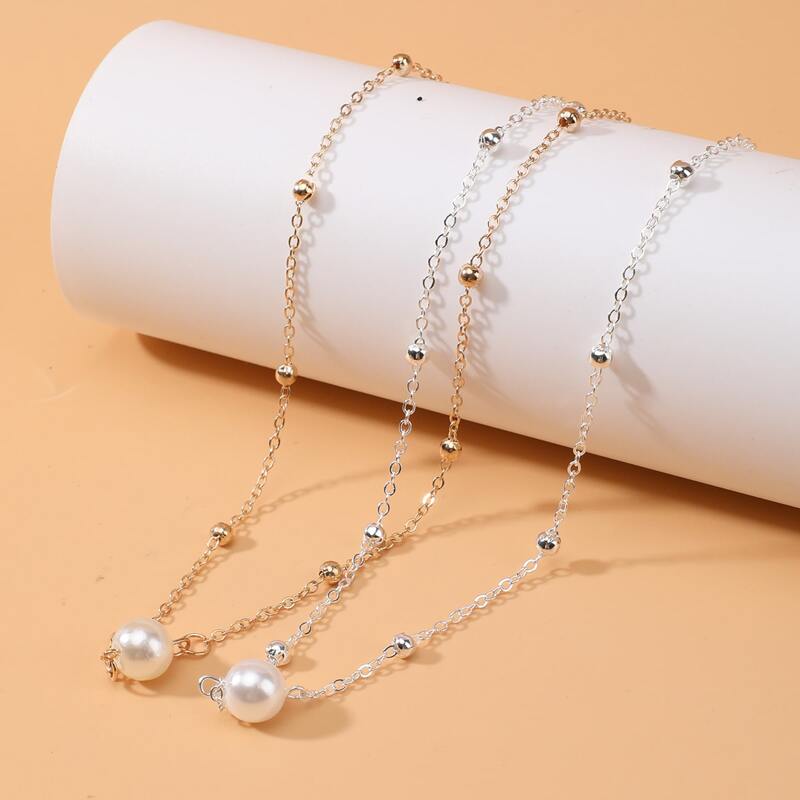 

2pcs Faux Pearl Chain Necklace, Multicolor