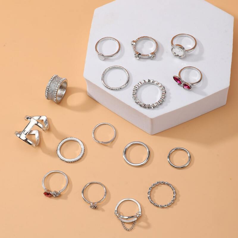 

16pcs Rhinestone Decor Ring, Silver