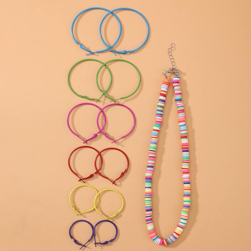 

6pairs Hoop Earrings & 1pc Necklace, Multicolor