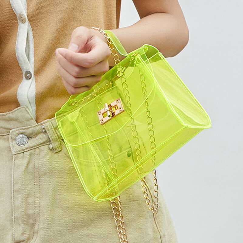

Turn-Lock Flap Chain Satchel Bag, Clear