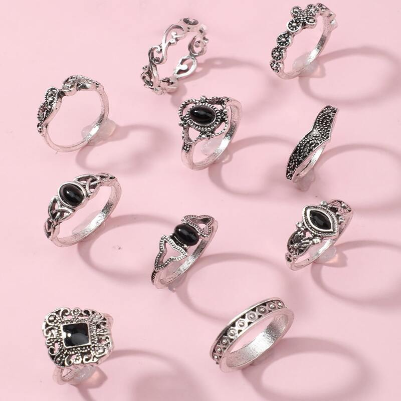 

11pcs Gemstone Decor Ring, Antique silver