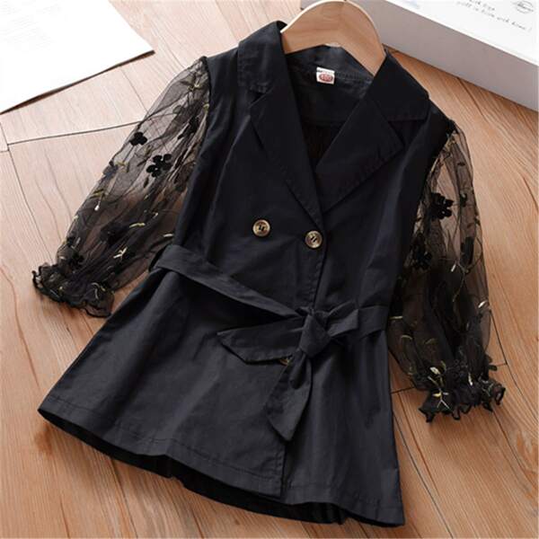 

Toddler Girls Contrast Mesh Flounce Sleeve Double Button Belted Coat, Black