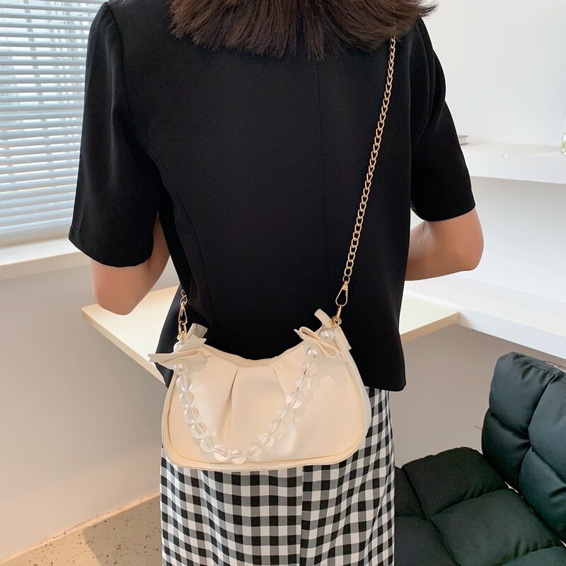 

Beaded Decor Chain Bag, White