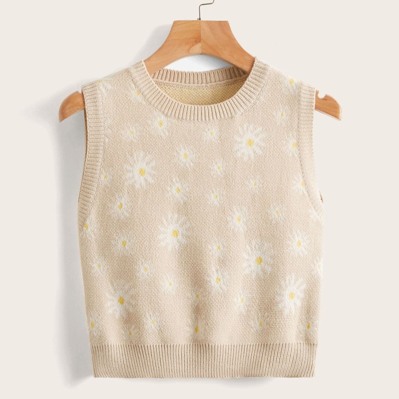 

Floral Pattern Sweater Vest, Apricot