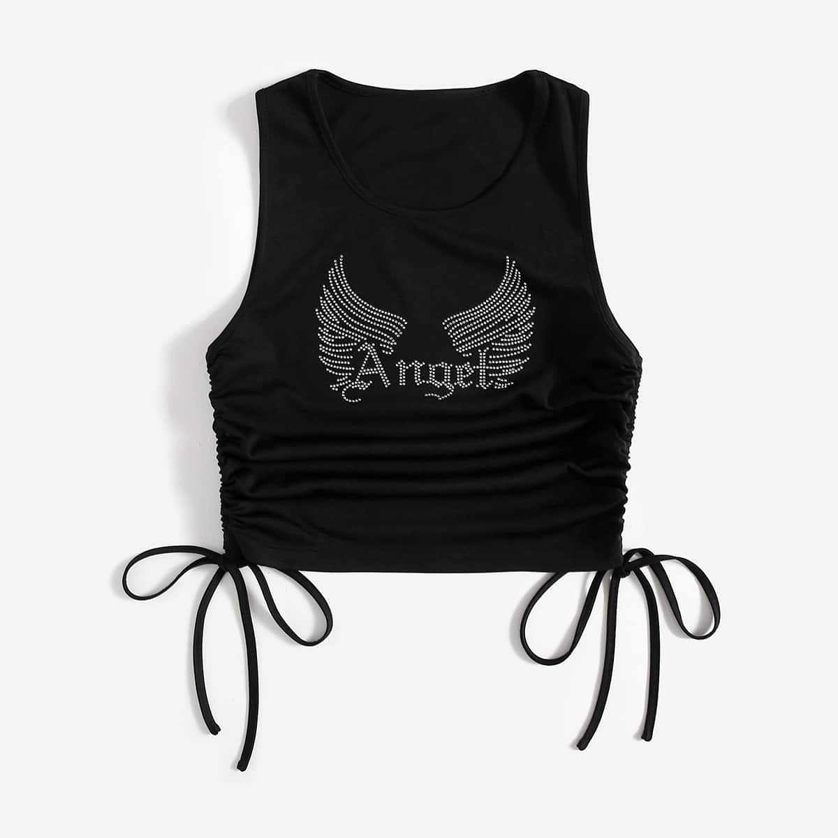 

Letter Graphic Drawstring Tank Top, Black