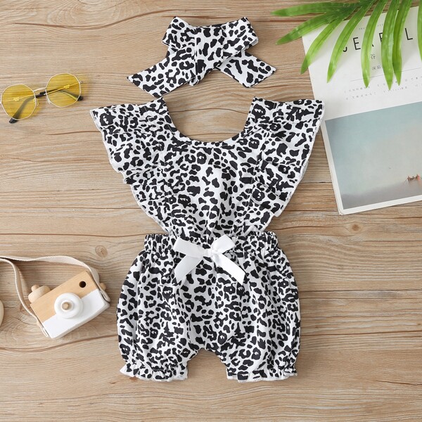 

Baby Girl Cheetah Print Bow Front Romper & Headband, Black and white