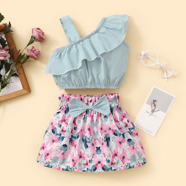 

Baby Girl Asymmetric Neck Ruffle Top & Floral Skirt, Multicolor