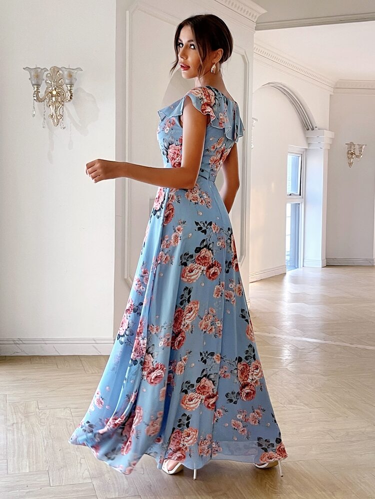 Floral Print Ruffle Trim Chiffon Dress