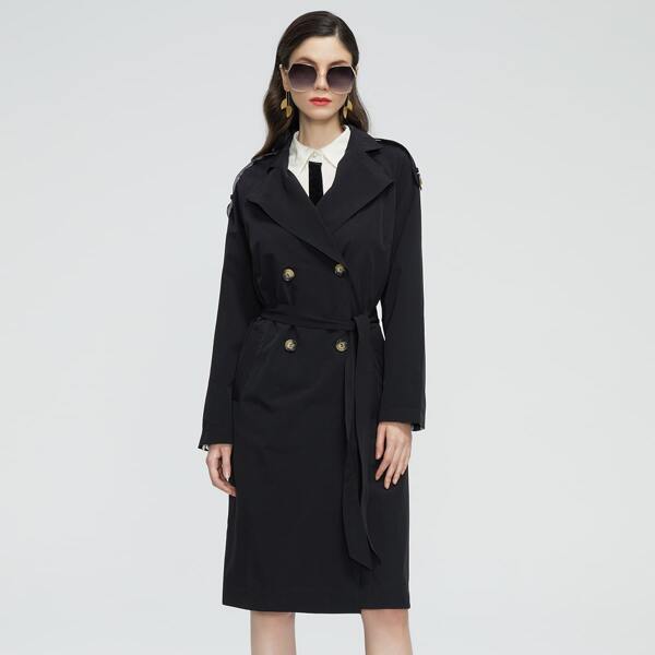 

Double Button Raglan Sleeve Belted Coat, Black